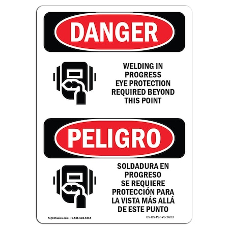 Signmission OSHA Sign, Welding In Progress Eye Protection Bilingual, 7in X 5in Decal, 5" W, 7" H, Spanish OS-DS-D-57-VS-1623